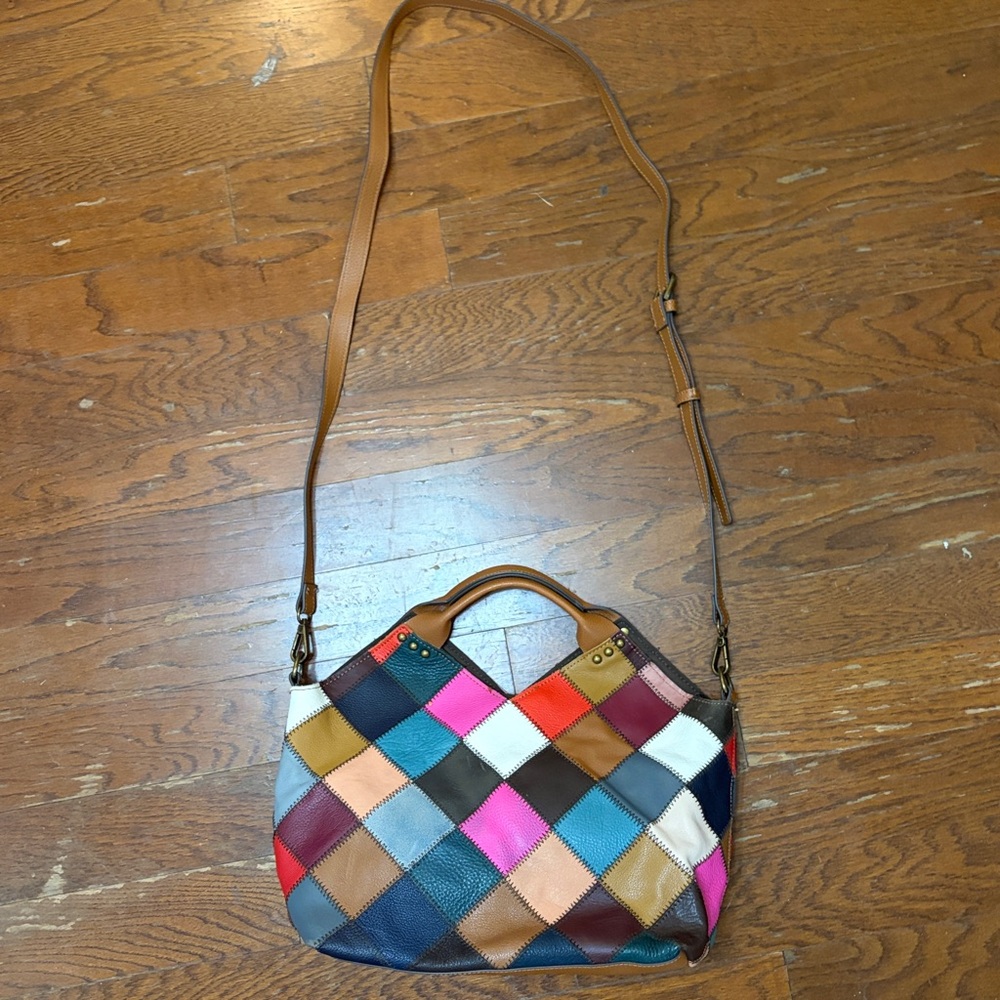Booba Patchwork Leather Tote Bag Multicolor Squares Brown Handles Dopamine Boho - Picture 6 of 16